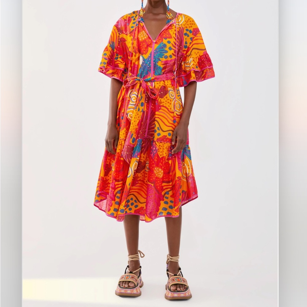 🆕 NWT Farm Rio Colorful Party Belted Midi Dress - Size Small